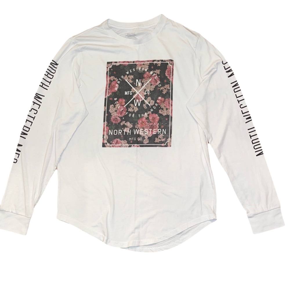 North Western Mfg. Co. Long Sleeve T. White w/ Floral Print Logo. Mens Size XL.